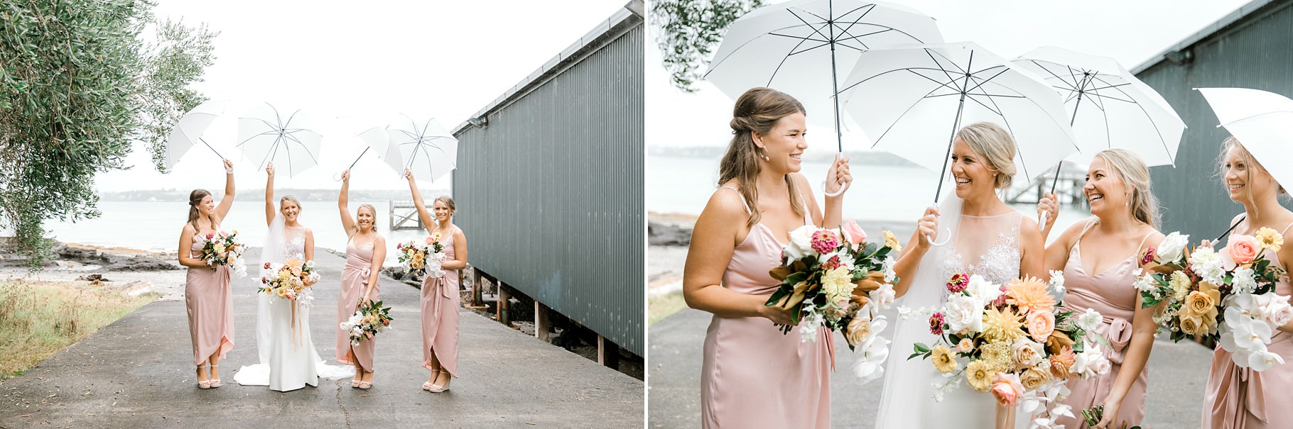 Auckland Wedding photographer, Officers Mess wedding photographer, Takapuna wedding photographer, Floral Stylist, Floral arch, blush bridesmaids dresses, rainy wedding